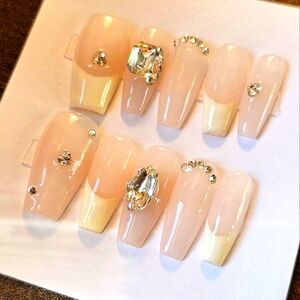 *handmade* yellow cream diamond french top cling coffin press on nails fall